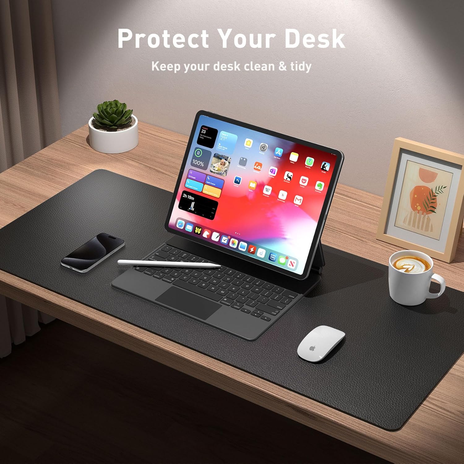 Leather Office Desk Pad Protector, Non-Slip PU Leather Desk Blotter, Waterproof Laptop Writing Mouse Pad for Office and Home, Black, 31.5" X 15.7"