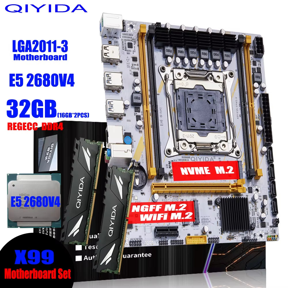 X99 Motherboard LGA 2011-3 Set Kit Xeon E5 2680 V4 CPU Processor 32G=2*16G DDR4 REG ECC RAM Memory NVME M.2 TPM2.0 Plug